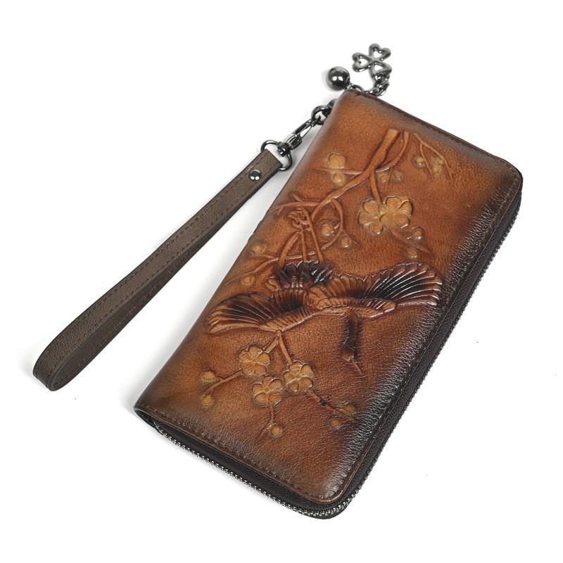 Retro Embossed Polished Wallet Genuine Leather Women's Zero Long Mobile Phone Zipper Bag Clutch