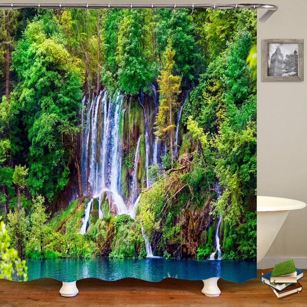 3D Shower Curtain Nature Forest Waterfall Landscape Bathroom Curtains Waterproof Fabric With Hooks Home Decoration Bath Curtain