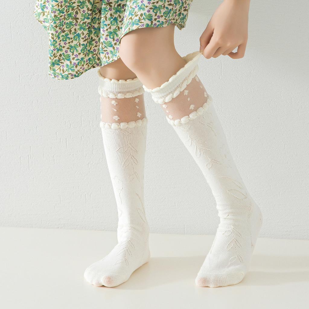Sweet Japanese White Princess Calf Socks for Kids Girls Beige Floral Soft Cotton School Socks for Spring and Autumn