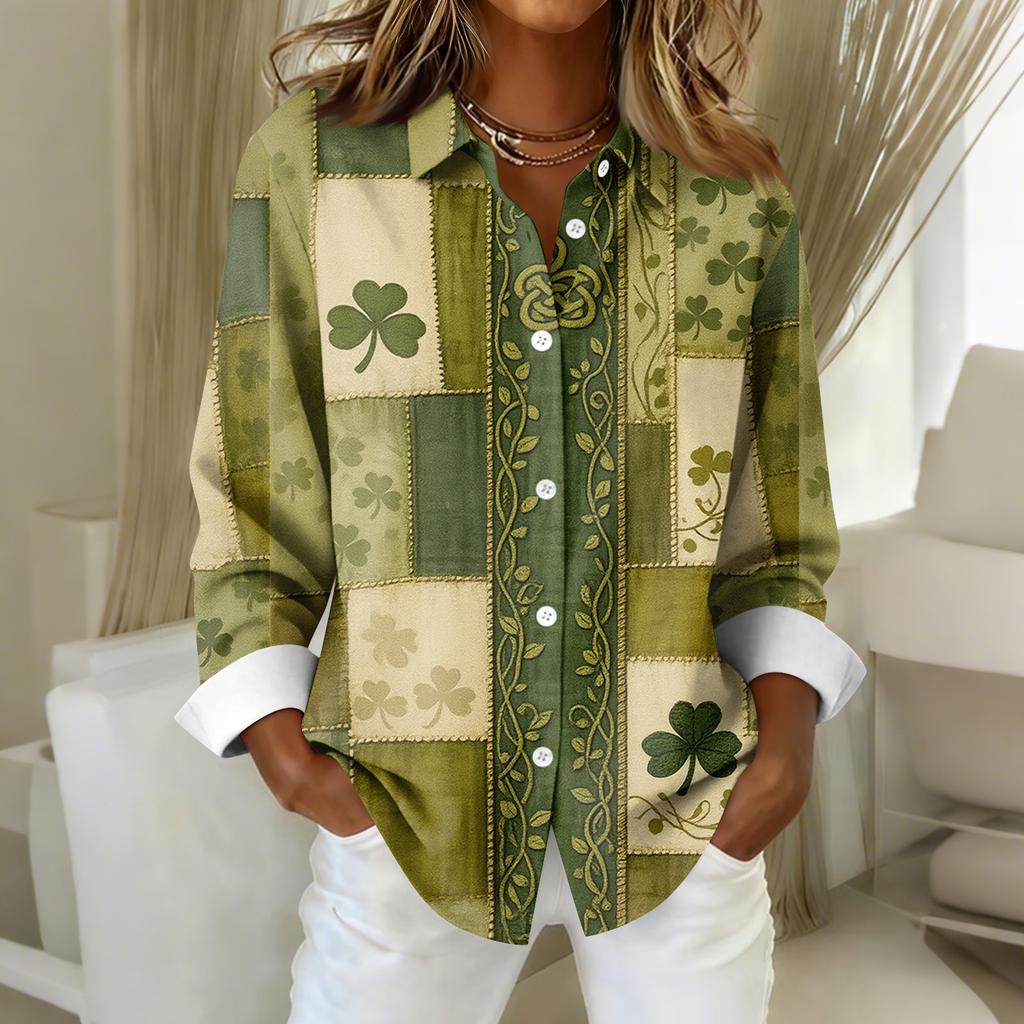 Dámská košilová halenka s vánočním potiskem s dlouhým rukávem pro volný čas Základní košile s límečkem Regular Top