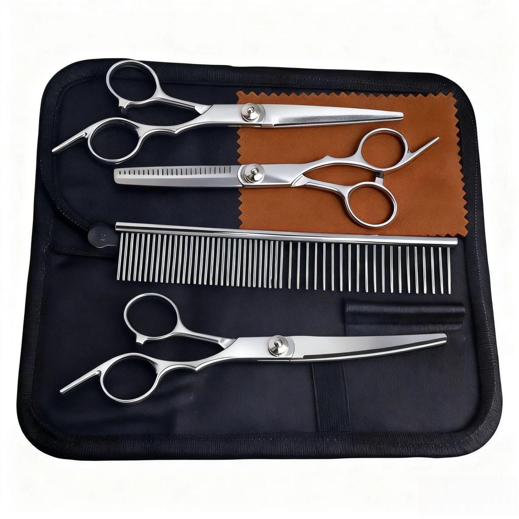 Portable Pet Grooming Scissor Set: Flat & Curved Hairdressing Tools