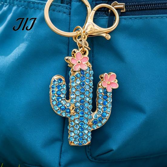 Purse Charm Accessory Bling Rhinestone Cactus Keychain, Pink Flower Keychain Keyring Pendant, Handbags Backpacks
