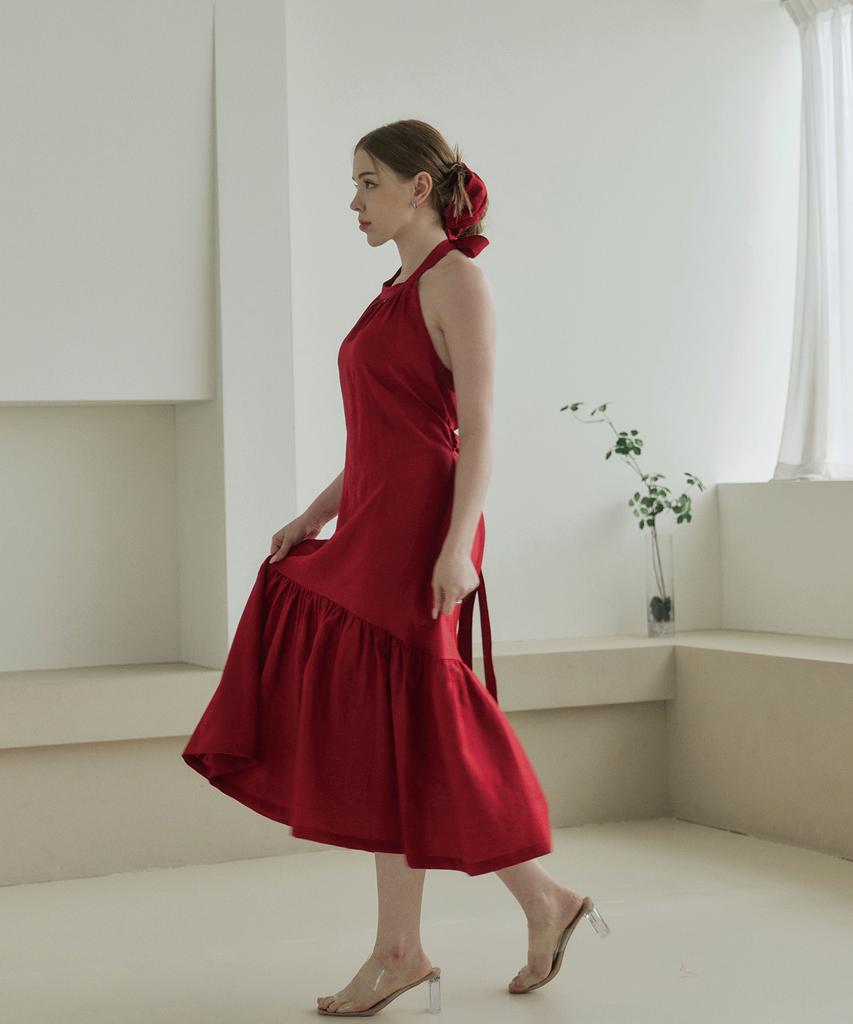 Belrma Red Linen Back-Open Ribbon Halterneck Dress