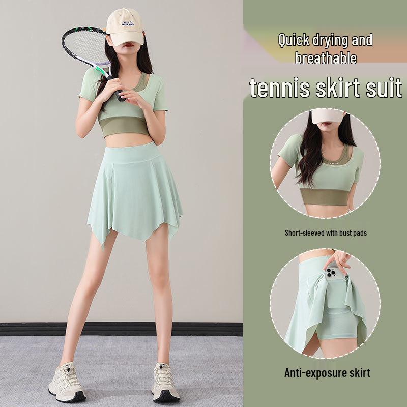 Women's Summer 2025 Quick-Dry Sportswear Set: Pleated Tennis Skort and Fitness/Yoga Outfit