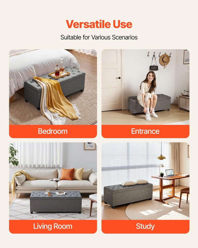 Storage Ottoman Bench, Button-Tufted End of Bed Bench with Side Bags, Flip-up Upholstered Storage Chest with Metal Frame, Linen Bed Ottoman for Living