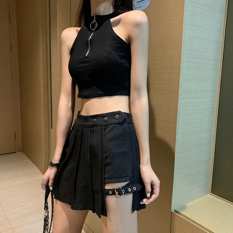 Gothic Harajuku Plissee Röcke Frauen mit Bein Ring Hohe Taille Kurzen Rock Sommer Punk Casual Mini Rock Damen