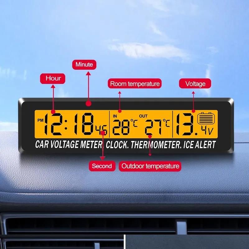 12-24V Car 3 In 1 Digital Inner & Outer Thermometer Display Car Battery Voltmeter & LCD Clock with Temperature Sensor Backlight