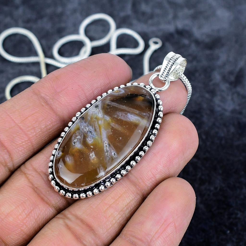 Tube Agate Gemstone Handmade 925 Sterling Silver Jewelry Pendant 2.29" M-2954