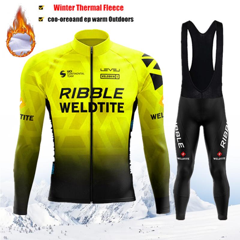 2025 Pro Team Winter Cycling Jerseys Set Yellow Long Sleeve Thermal Fleece Bicycle Clothing Keep Warm Bike Wear Suit Sportswear