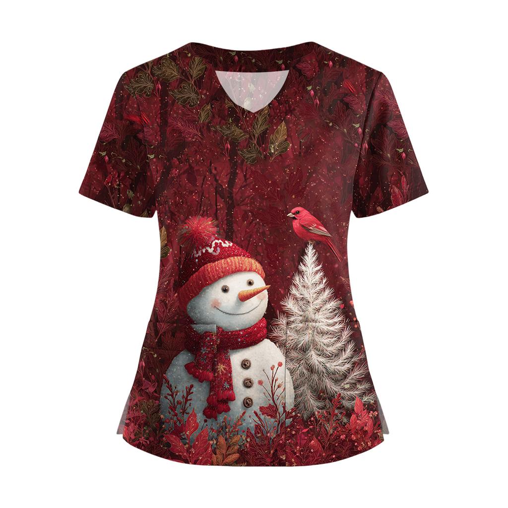 Women's Short Sleeved Christmas Printed V-neck Buttonable Side Slit Top T-shirt