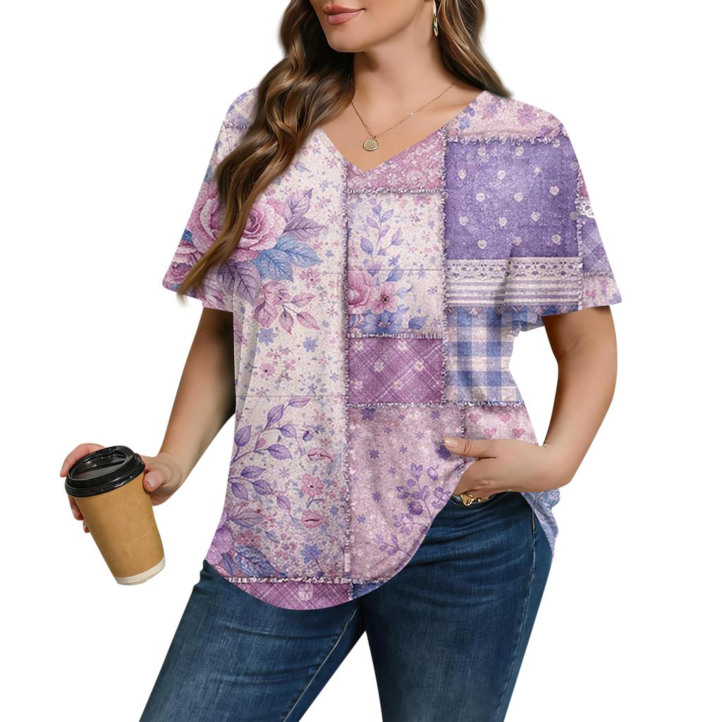 Women's Plus Size Fashionable Casual Loose-Fit Short Sleeve Elegant V Neck Blouse For Work