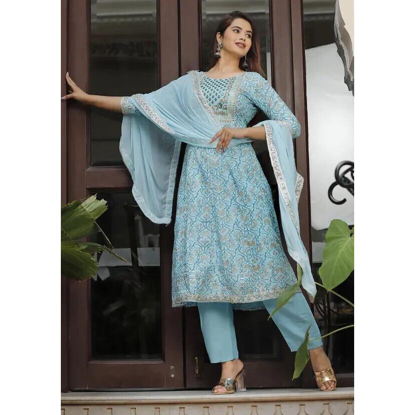 Indian Embroidered Anarkali Kurti Bottom Dupatta Set Women Pakistani Party Wear VF-20162a