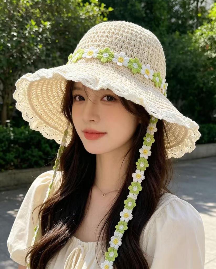 Straw Hat Seaside Hat Ins Lace-up Straw Hat Women's Travel Sun Hat Lace Sun Hat Lace Lace Sunscreen