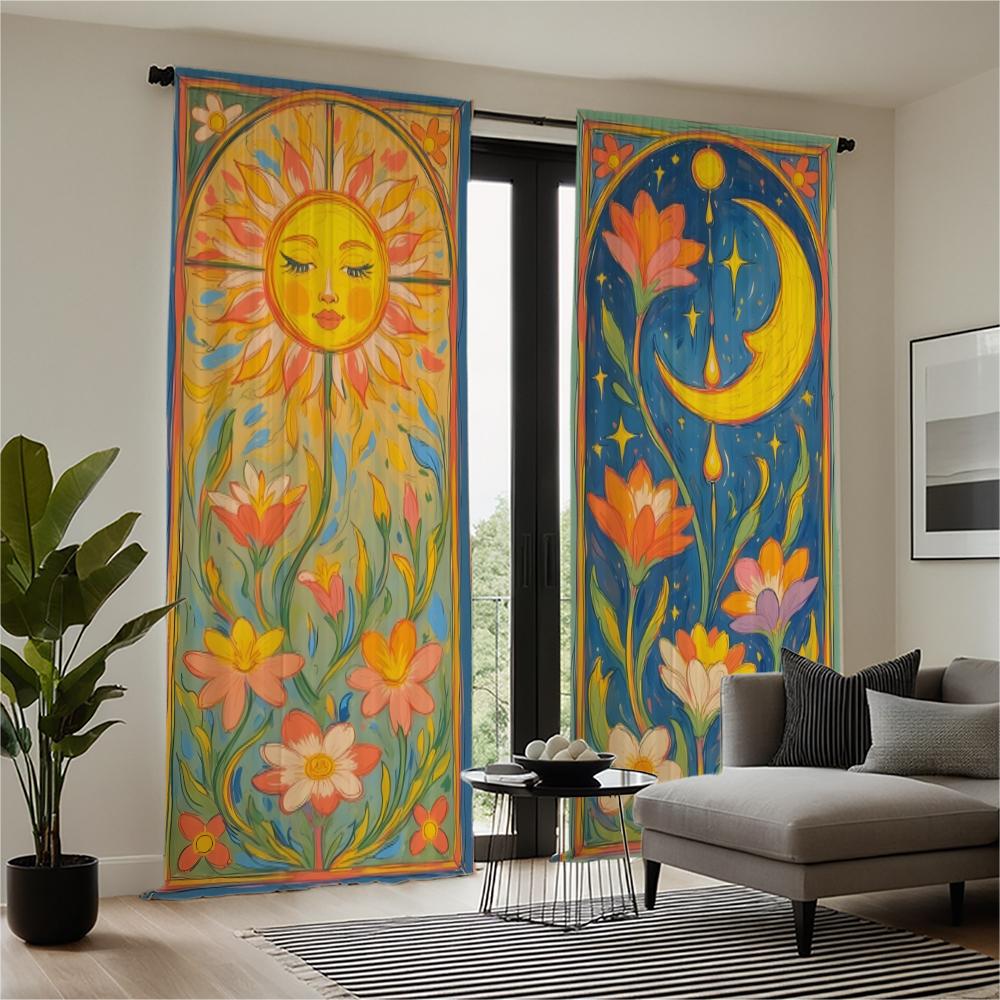 2-piece Set of High-definition Digital Printed curtainColorful Floral Sun Moon Abstract Style Cross Border E-commerce curtainHom