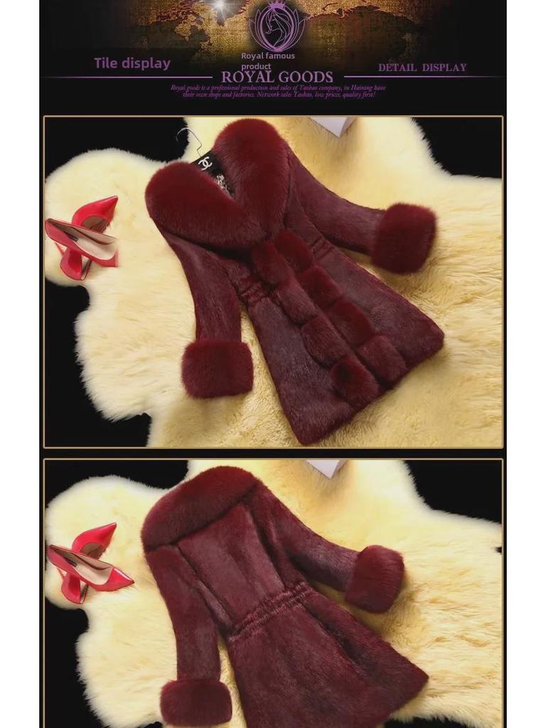 Nový dámský slim kabát střední délky s límcem z liščí kožešiny, korejská imitace norka na podzim a zimu