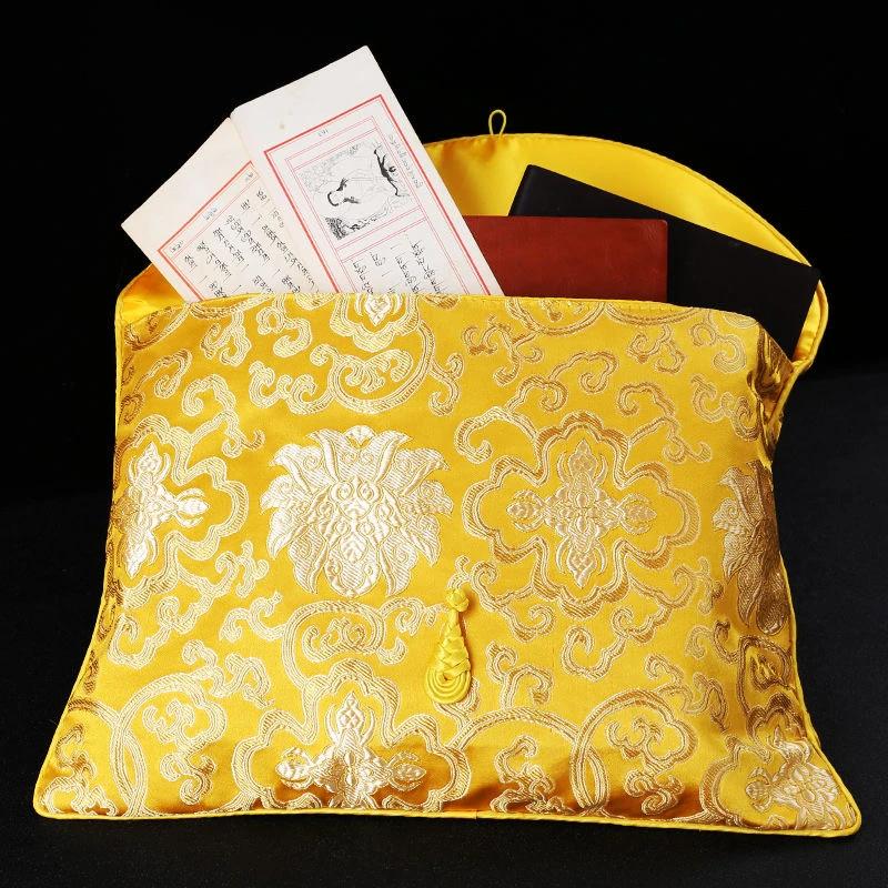 Buddhist Scripture Storage Bag Tantric Organizer Handicrafts Embroidery Satin Button Bag Good Luck Buddhism Home Gift Decorative