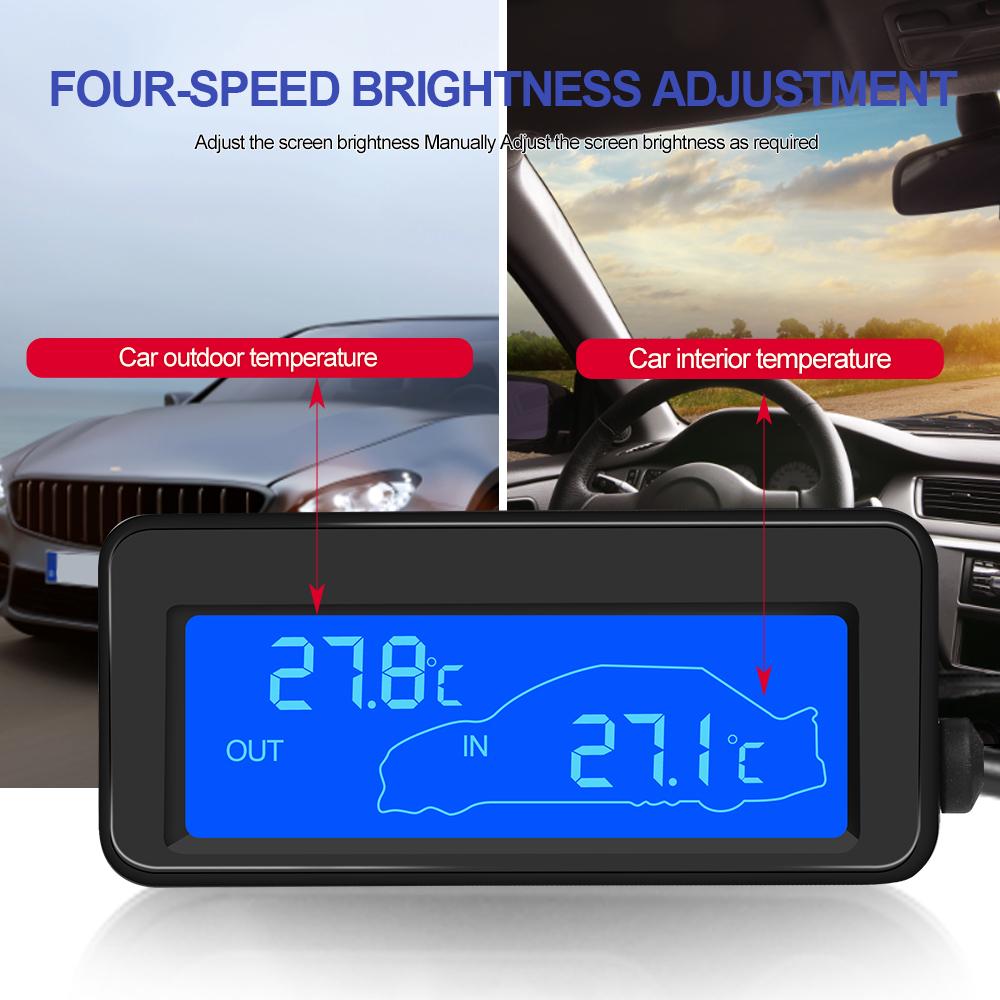 مقياس حرارة داخلي/خارجي للسيارة مع شاشة LCD رقمية صغيرة لقياس درجة الحرارة تلقائيًا 12 فولت، مقياس حرارة رقمي مريح مع إضاءة خلفية زرقاء