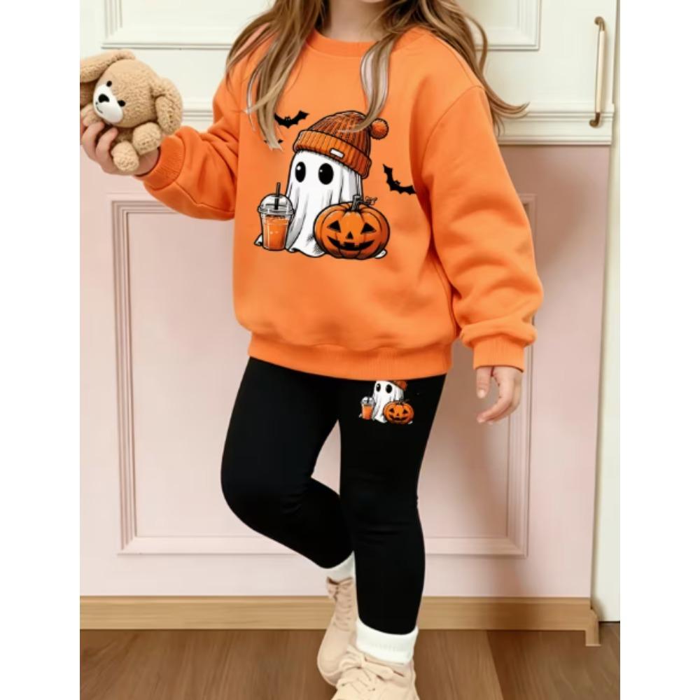 Girls' Halloween Ghost Casual Comfortable Soft Loose Pullover Sweatshirt and Leggings 2-Piece Set, New Autumn/Winter, Playful, Sweet and Cool Style