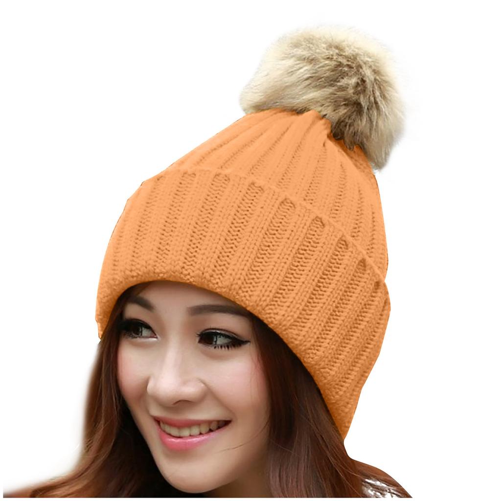 Women Winter Warm Knitted  Cute  F-ur Ball Yarn Hat
