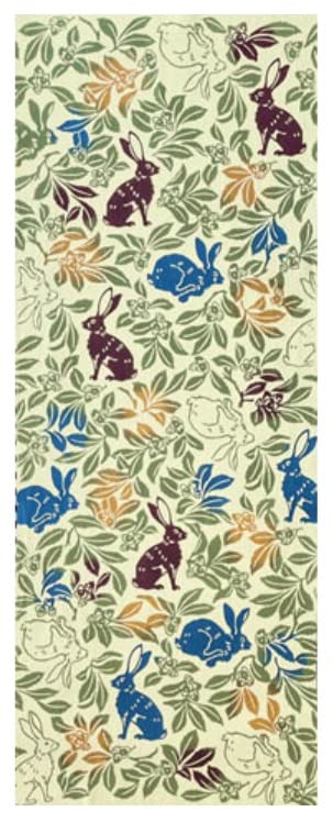 Todaya Shoten Niwaen-zome Tenugui (Japanese Hand Towel) Rabbit with Chestnuts (Green) 1054-G