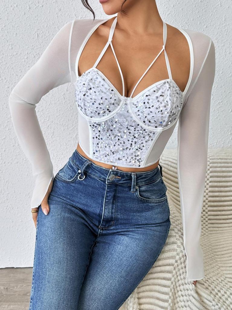 Summer Sexy Slim Fit Lace Chiffon Top with Steel Ring and Fishbone Design for a Spicy Look