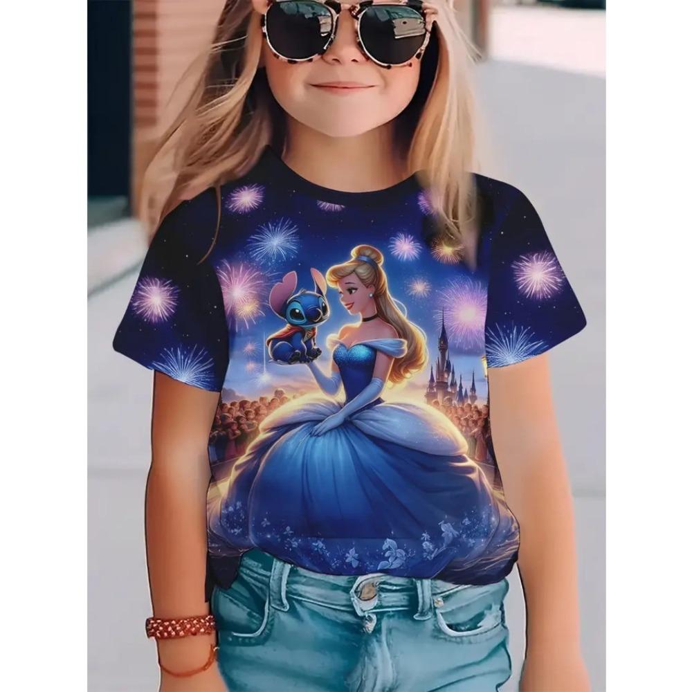 

Disney Princess and Stitch Children s 3D Printed T-shirt with Fireworks Cartoon Pattern Round Neck Short Sleeve Top 140