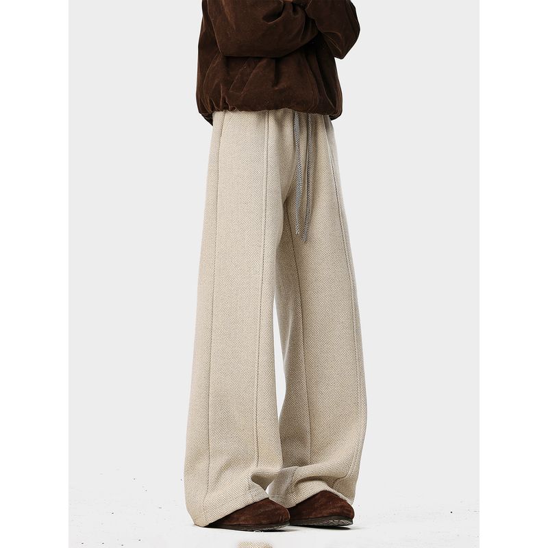 51 Hip-Hop Trendy Brand Fleece-Lined Thickened Pants for Men, Winter American Vintage Style Drapey Fleece-Lined Straight-Leg Casual Trousers