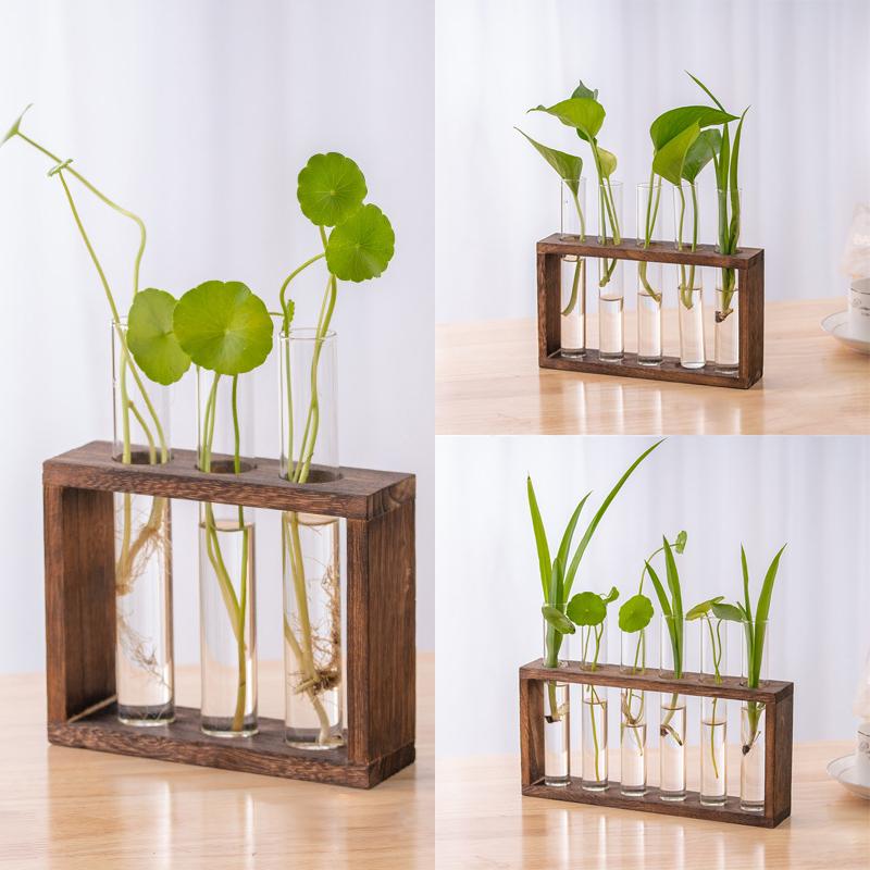 Small Fresh Hydroponic Green Vase Wooden Frame Vase Decorative Ornament Wall Mounted