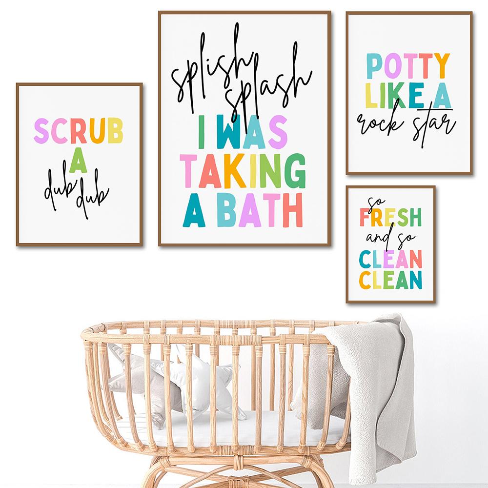 Kids Bathroom Art Wall Poster Print Set of 6 Color Quote Nursery Kids Room Canvas Painting Room Home Decor Rainbow Baby Bedroom