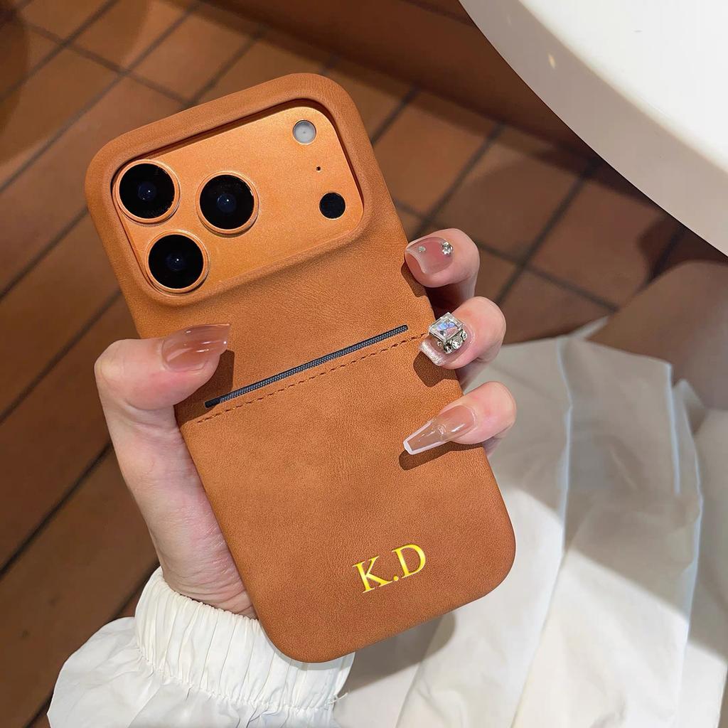 Personalized Vintage Faux Leather Insertable Card Case for iPhone 17 16 15 14 13 Pro Max Air Custom Name Hot Gold Foil Stamping