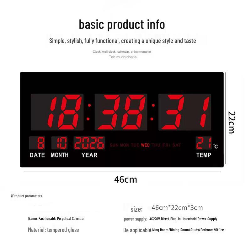 Large LED Digital Wall Clock with Perpetual Calendar - Customizable Colors for Bedroom/Study Room