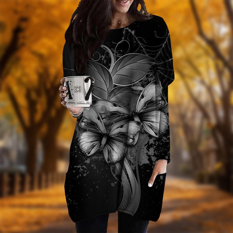 New In Autumn Spider Web Butterfly Print Plus Size Dress Women O'neck Long Sleeves Casual Pocket Dresses