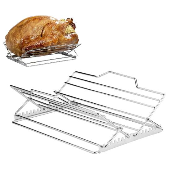 Stainless Steel Roasting Rack BBQ Rib Racks for Grilling Turkey Roasting Pan Oven Safe V-Shaped High Temp Resistant Grill Rack for Turkey Chicken Ribs