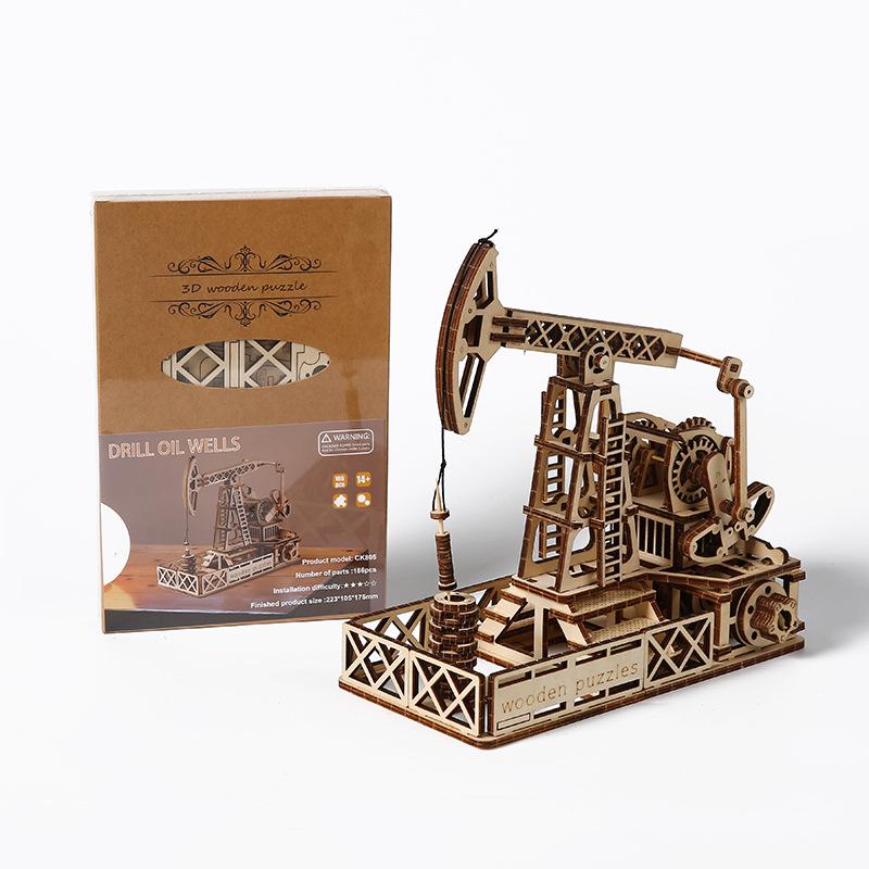 Drewniane Puzzle 3D Stereoskopowe - Studnia Naftowa - Edukacyjna Zabawka DIY dla Dzieci i Ozdoba na Biurko