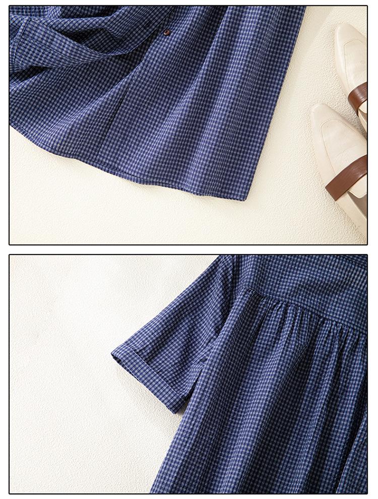 Japanese Style Blue Plaid Cotton Linen Shirt Dress for Women - Summer Short Sleeve Long Layered Design