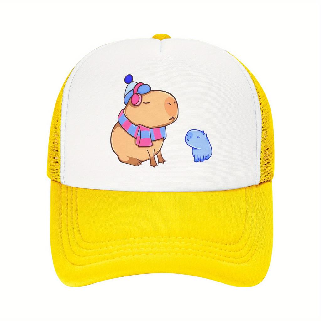 Capybara Family Print Trucker Hat Pink Mesh Breathable Adjustable Baseball Cap for Women Men