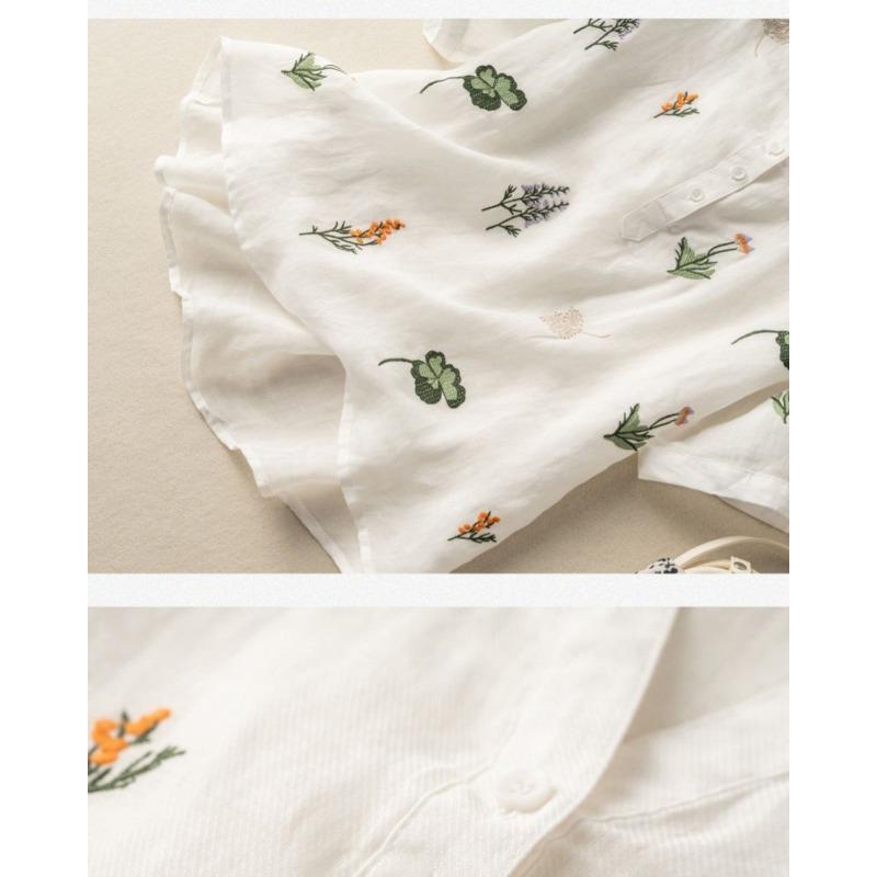 Short-sleeved Cotton and Linen Shirts for Women in Summer New Style Loose Literary Retro Printed Fashion Tops Casual