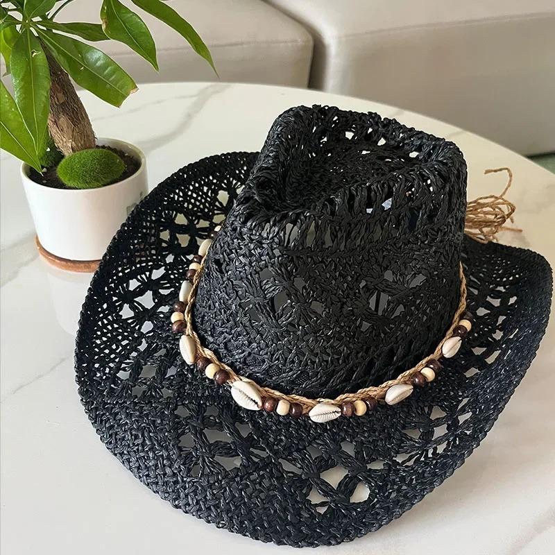 1Pc Summer Bohemian Shell Straw Hat Beach Women Men Cowboy Hats Wooden Beads Hollow Out Western Wide Brim Sun Hat Holiday Cap