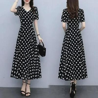 "Summer 2024 Polka Dot Chiffon Dress: Trendy Waist-Slimming, Knee-Length Skirt"