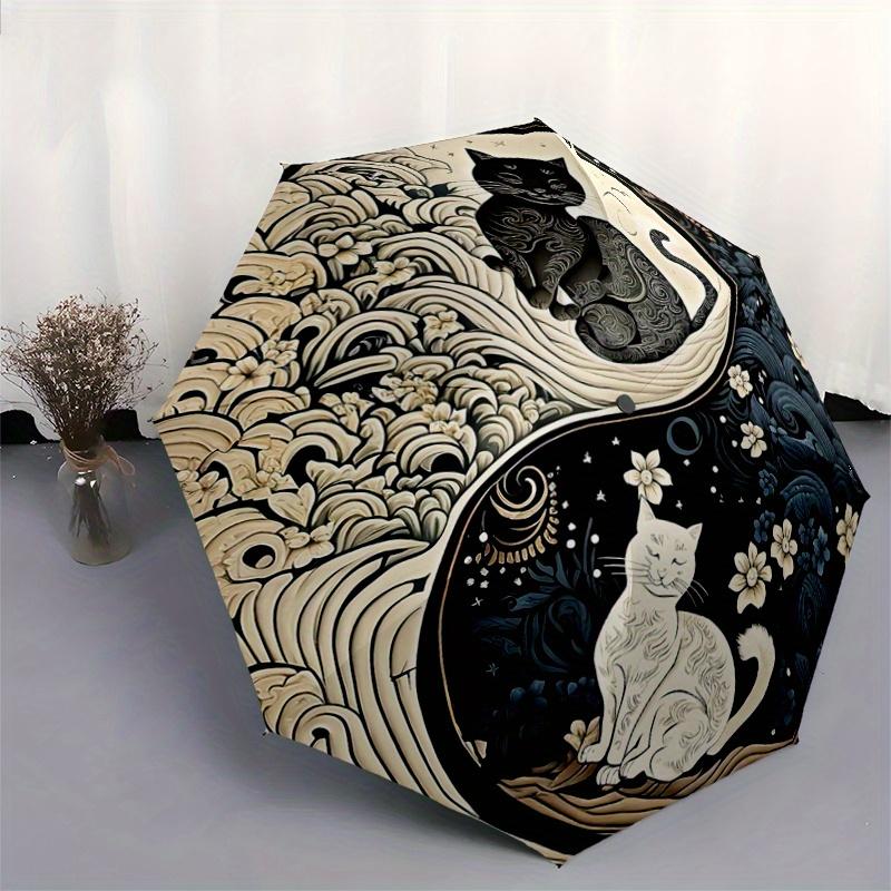 1 Stück Schwarz-Weiß-Katze Ying Yang Katze Automatisches Öffnungs- und Schließschirm - Leichtes 3-fach faltbares Design, Geeignet für Fans, Reisen, Täglichen Gebrauch - Von