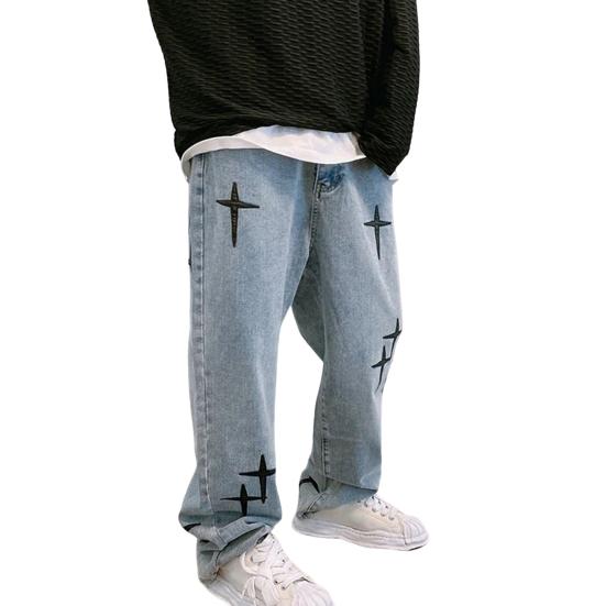 Spring Autumn Denim Pants Star Pattern Solid Color Zipper Fly Wide Leg Loose Jeans Streetwear