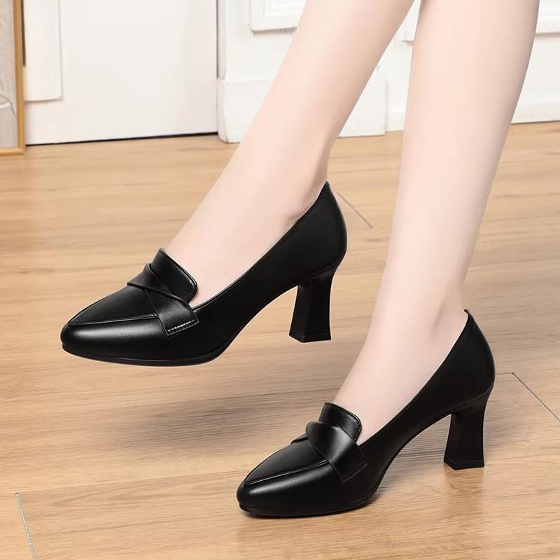 5.5cm 7cm Elegant Office Ladies Soft Leather Shoes Shallow Mouth Heeled Shoes Spring 2025 Trend Med Block Heels Shoes for Work
