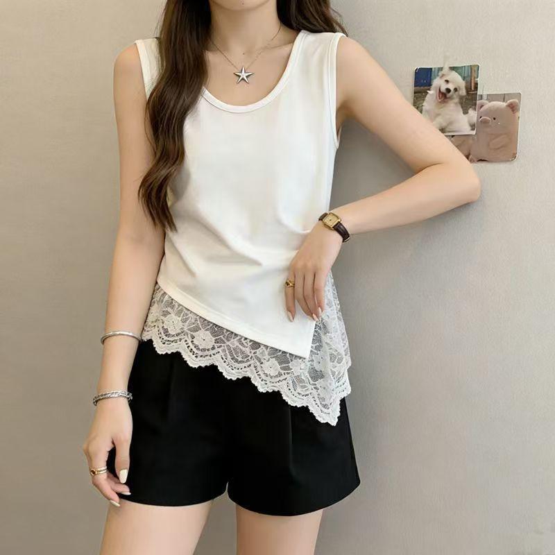 New Summer Women's Clothing with Irregular Design Lace French Sleeveless Tank Top T-Shirt