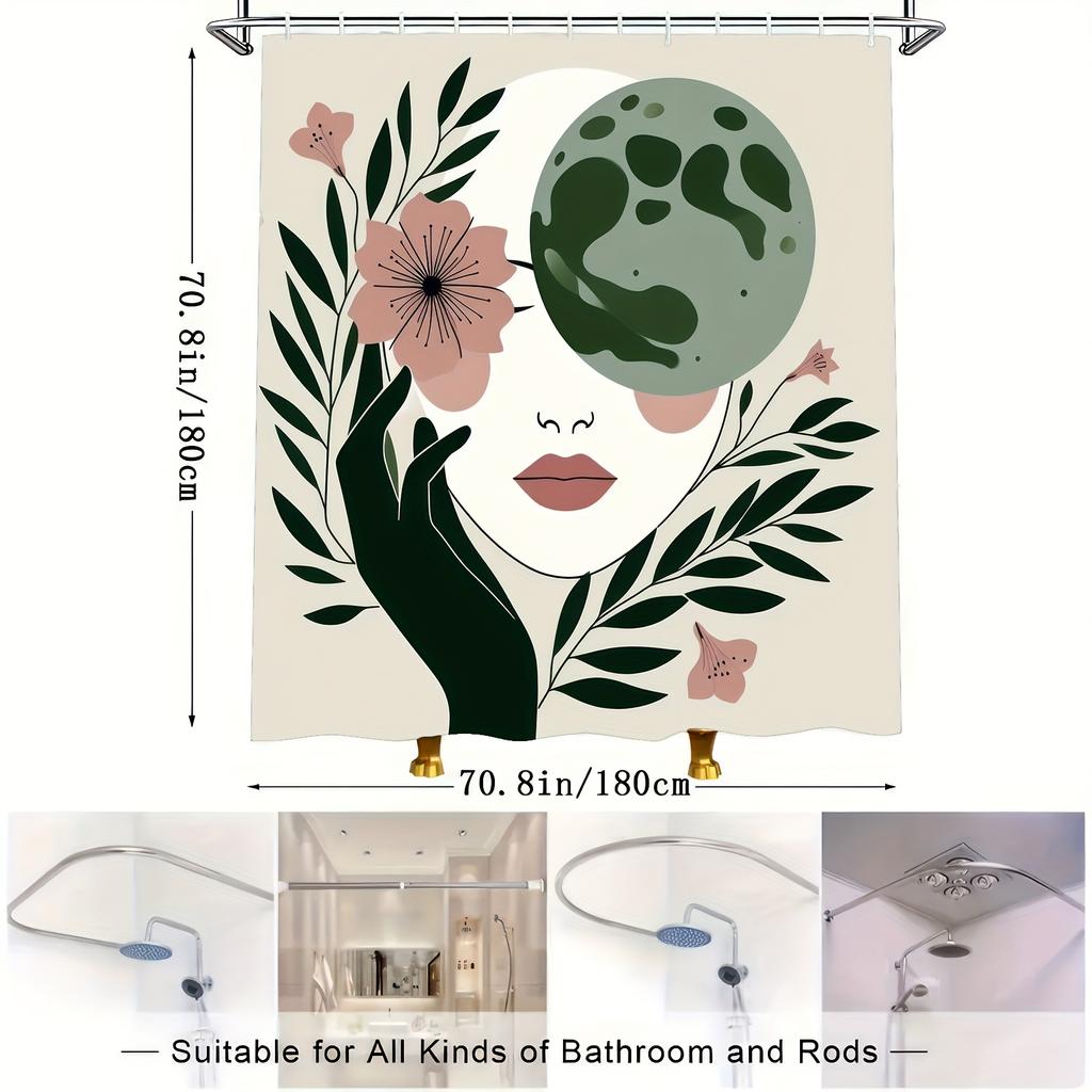 Spring & Summer Floral Shower Curtain – Waterproof Polyester with Green Leaves & Pink Flowers,  for All-Season Bathroom Decor