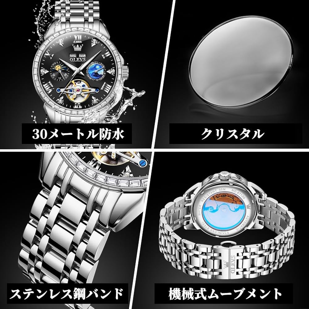 OLEVS Men's Automatic Skeleton Watch with Diamond, Calendar, Waterproof, Stainless Steel, Black
