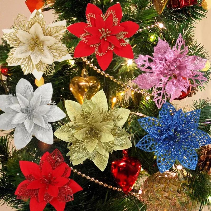 10PCS/Bag Christmas Flowers Glitter Artificial Poinsettia Floral Xmas Tree Ornaments DIY Garlands Home Wedding Party Decor