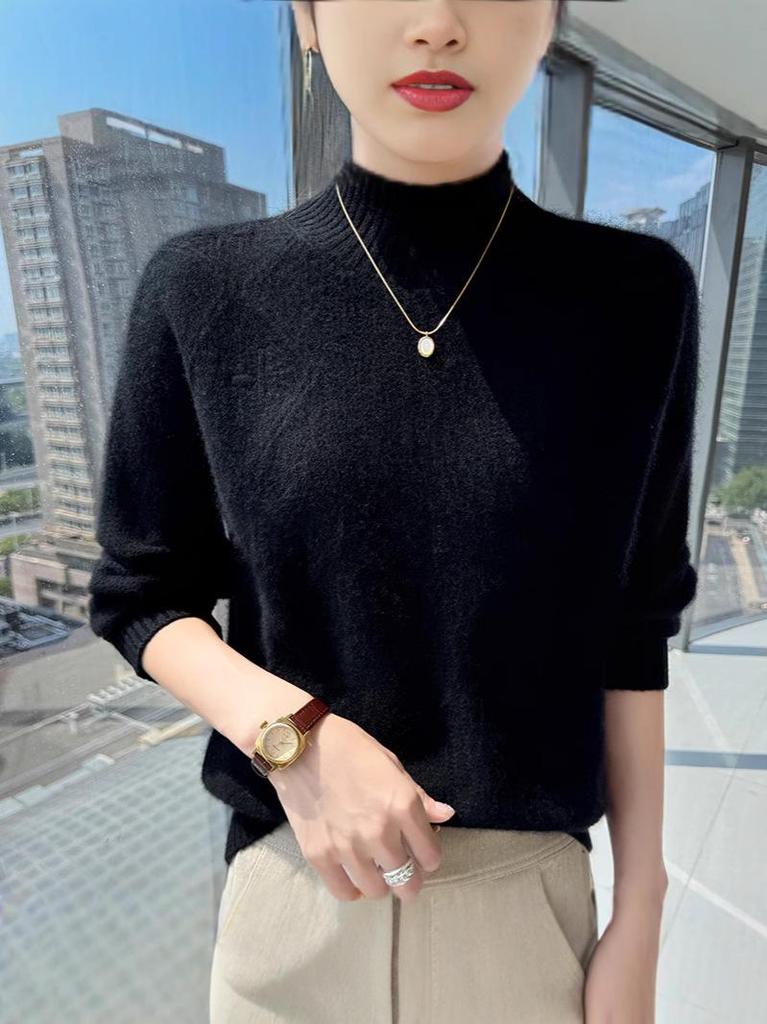 Women's Thick Wool Knit Sweater - Ribbed Half-High Neck, Long Sleeve, Loose Fit, Versatile Style.