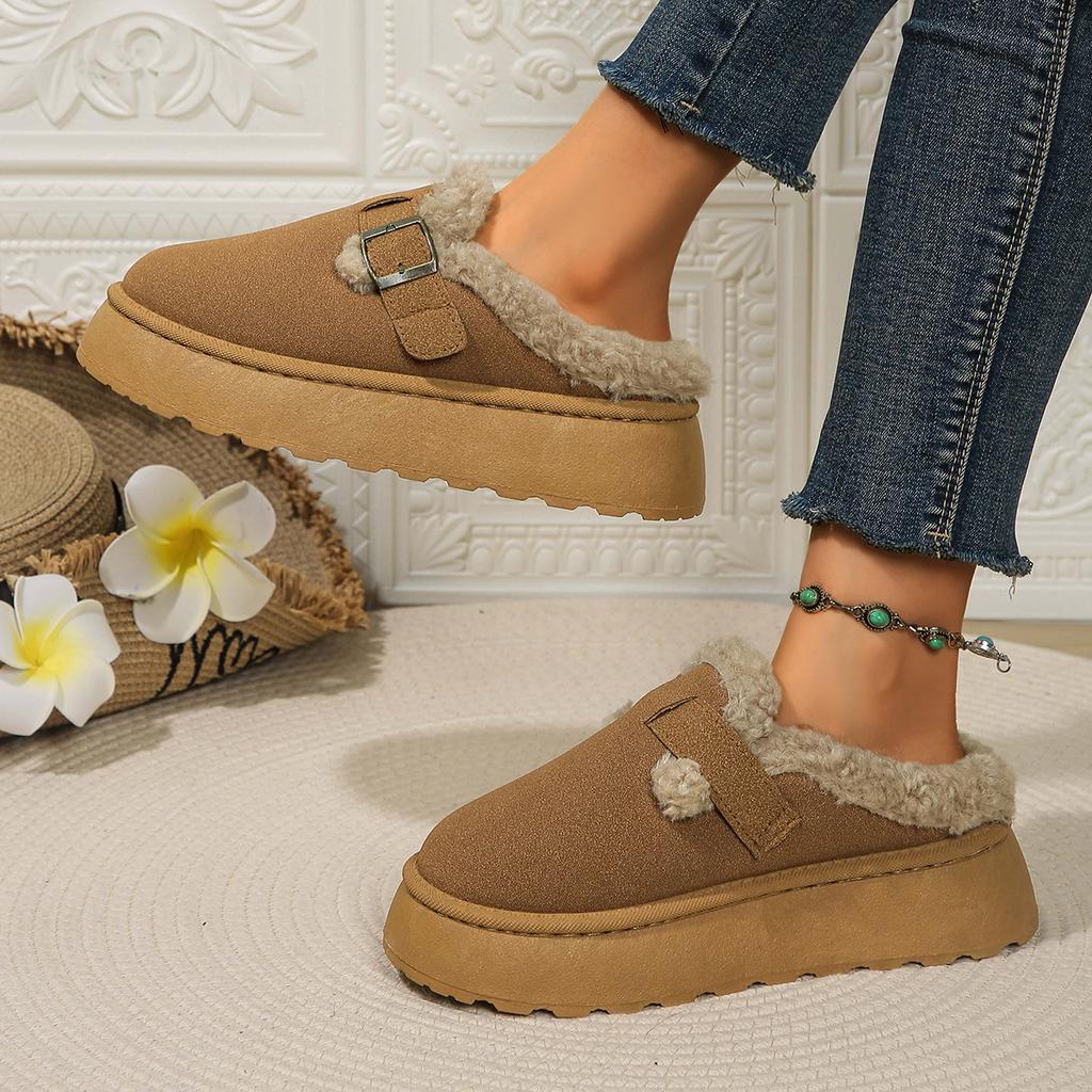 Fashion Thickened Lined Snow Boots Women's Slip-On Slippers Roman Style Rubber Sole Long Plush Inner Thick Winter Shoes for Women