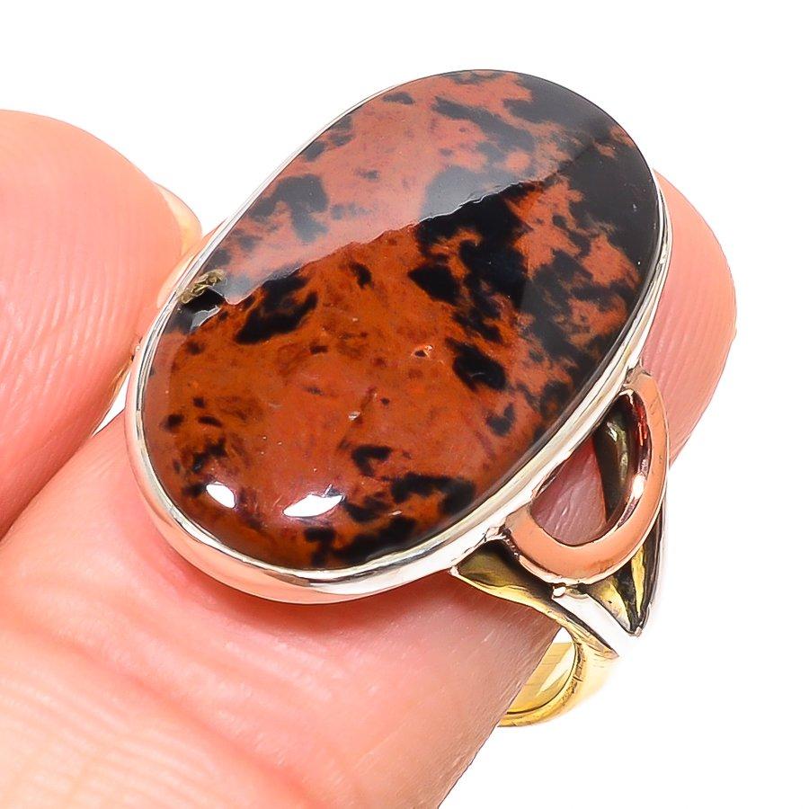 Natural Mahogany Obsidian Two Tone 925 Solid Sterling Silver Gift Ring S.8 S8T76