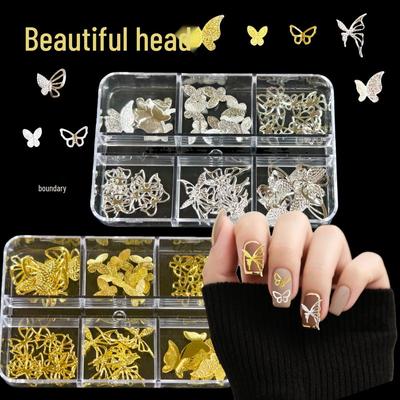 6-Grid Gold & Silver Starburst Bow, Knot, and Butterfly Alloy Nail Stickers